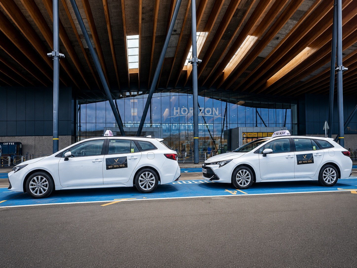 Two Ridevia Toyota Corolla Estates at Horizon Cruise Terminal